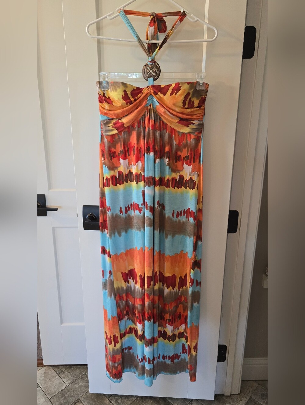 Boston Proper Multicolor Halter Maxi Dress in Orange, Blue & Brown Size M